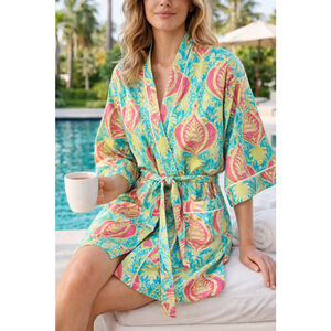 BedHead Pajamas Cotton Robe XS Paisley Kimono Short Robe Belted Pink Blue